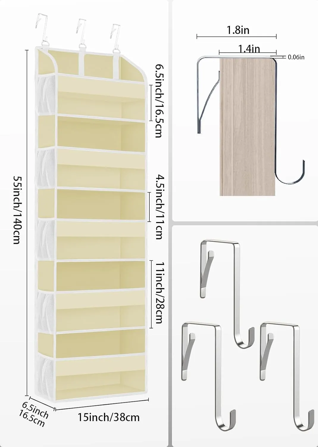 1 Pack Over The Door Storage Organizer with 5 Pockets 10 Mesh Pockets, 44 lbs Weight Capacity Door Hanging Organizers and Storage for Bedroom,Bathroom,Nursery,Kidroom,Babyroom