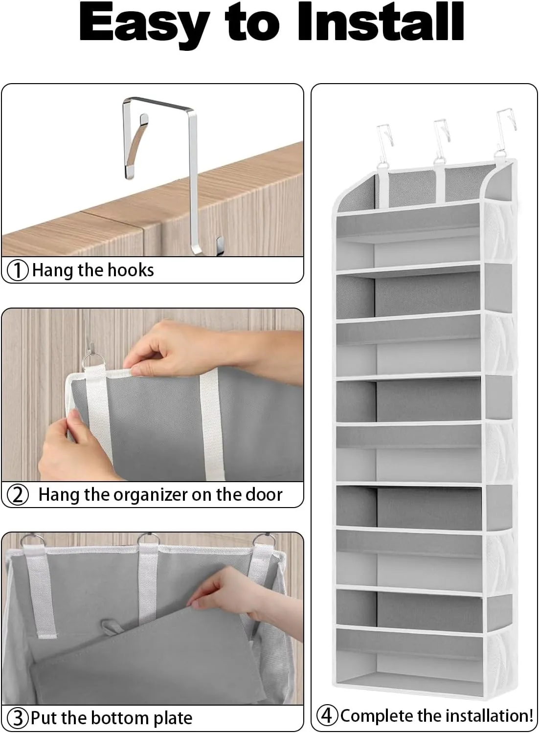 1 Pack Over The Door Storage Organizer with 5 Pockets 10 Mesh Side Pockets, 44 lbs Weight Capacity Door Hanging Organizers and Storage for Bedroom,Bathroom,Nursery,Pantry,Dorm(Light Gray)