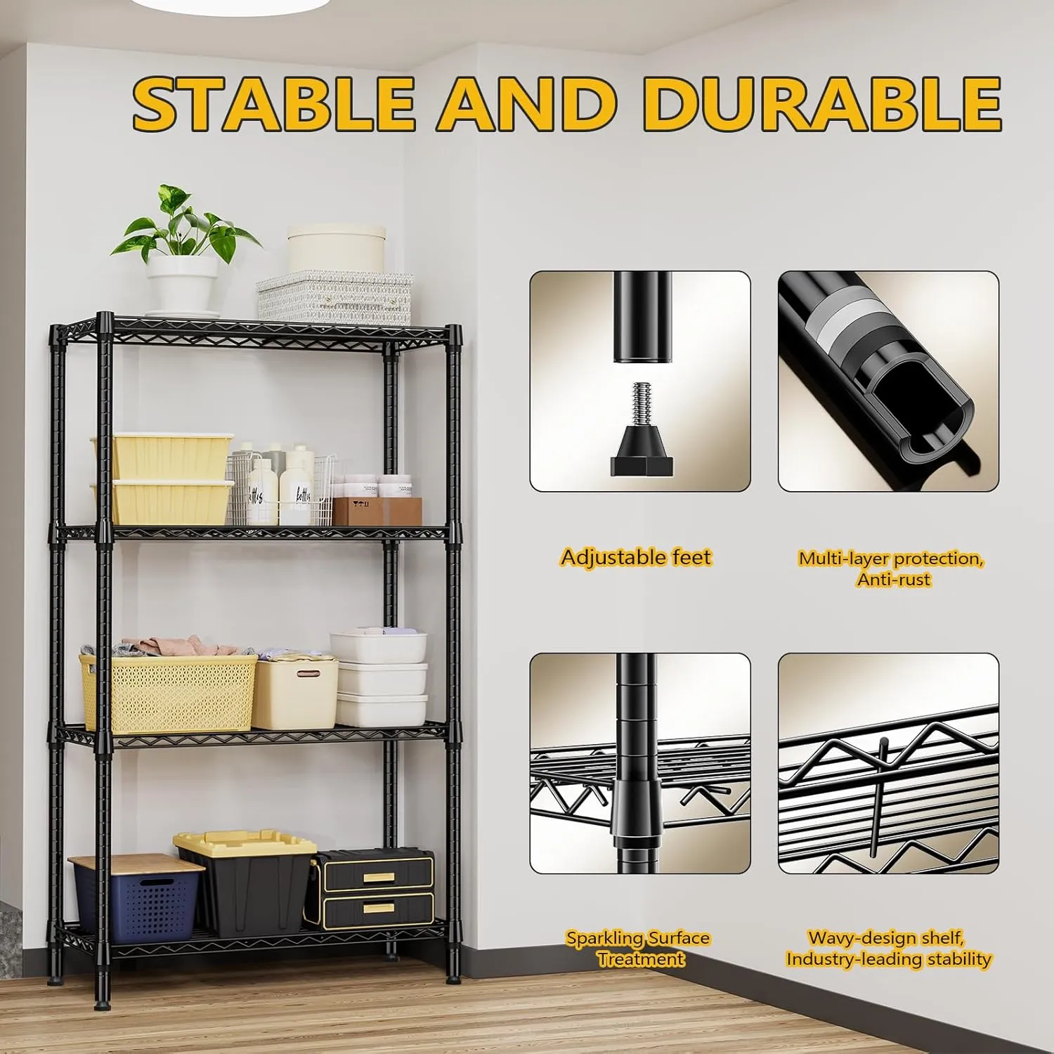 1000 lbs 4 Tier Shelf Metal Storage Shelves Shelving Wire Rack Heavy Duty Closet Organizers for Garage Kitchen Bathroom Laundry Black 13.8" D x 35.4" W x 59.5" H