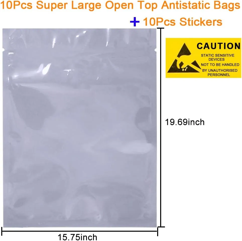 10Pcs Open Top Anti Static Bags 15.75x19.69in Extra Large ESD Shielding Bag with Static-Free Stickers for Computer Electronics