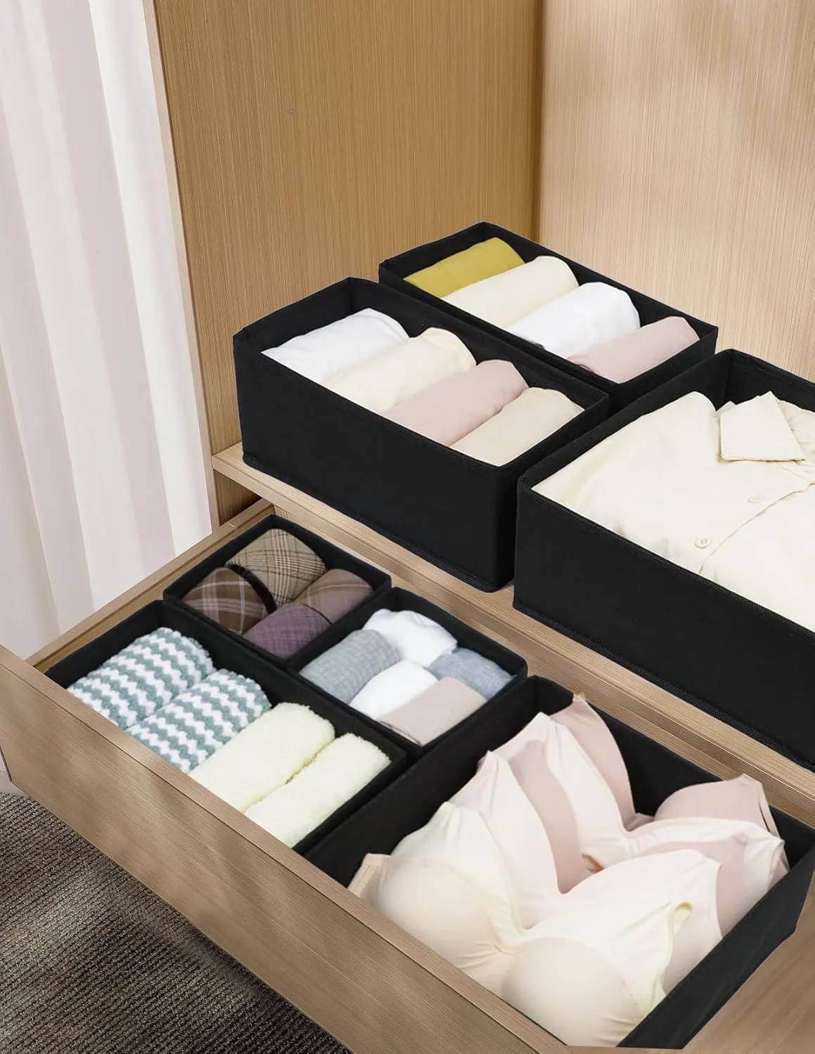 12 Pack Drawer Organizers for Clothing, Foldable Clothes Drawer Organizer for Underwear, Folded Clothes, Baby Clothing, Socks, Bra, Towels, Ties - Multi-pack Storage Box (Black)