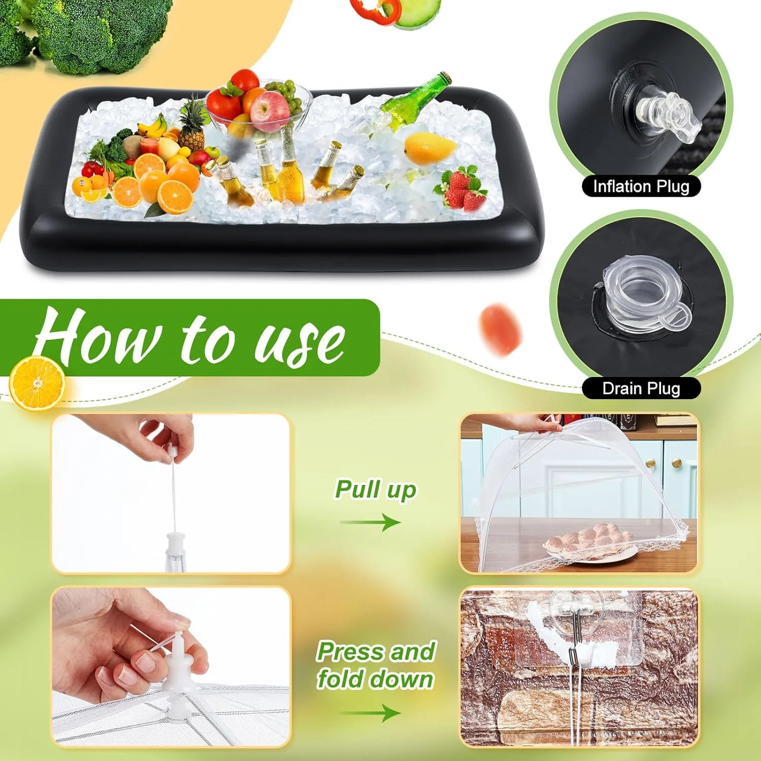 128 Pcs Inflatable Cooler for Parties 2 Inflatable Serving Bars Buffet Cooler for Parties 3 Food Cover 6 Salad Bowl 12 Serving Utensils 5 Plastic Appetizer Tray 100 Labels(Black)