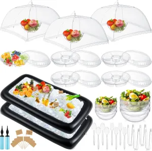 128 Pcs Inflatable Cooler for Parties 2 Inflatable Serving Bars Buffet Cooler for Parties 3 Food Cover 6 Salad Bowl 12 Serving Utensils 5 Plastic Appetizer Tray 100 Labels(Black)