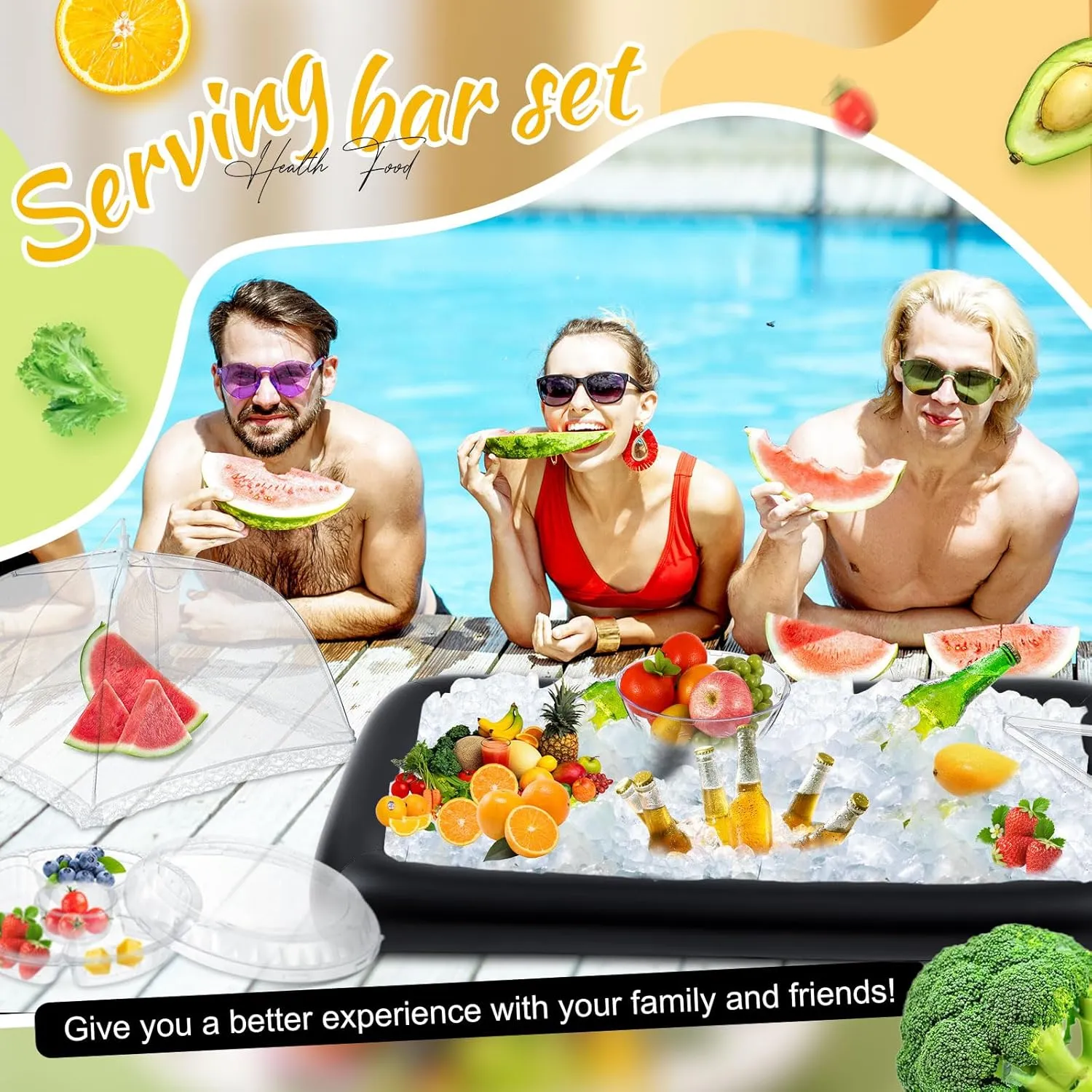 128 Pcs Inflatable Cooler for Parties 2 Inflatable Serving Bars Buffet Cooler for Parties 3 Food Cover 6 Salad Bowl 12 Serving Utensils 5 Plastic Appetizer Tray 100 Labels(Black)