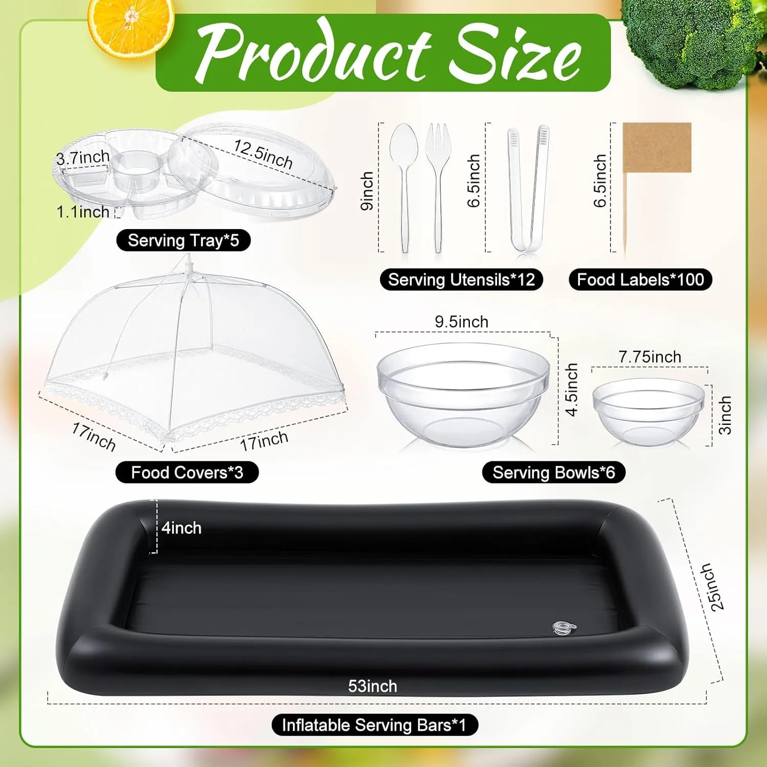 128 Pcs Inflatable Cooler for Parties 2 Inflatable Serving Bars Buffet Cooler for Parties 3 Food Cover 6 Salad Bowl 12 Serving Utensils 5 Plastic Appetizer Tray 100 Labels(Black)