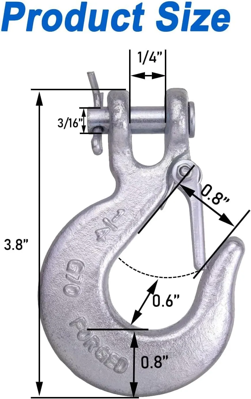 1/4 Inch Safety Chain Hooks, Clevis Slip Hook with Safety Latch, Grade 70 Forged Steel 12,600 Lb for Trailer Truck Transport Tow Winch Hook Trailer (1/4 Inch,4 Pack)