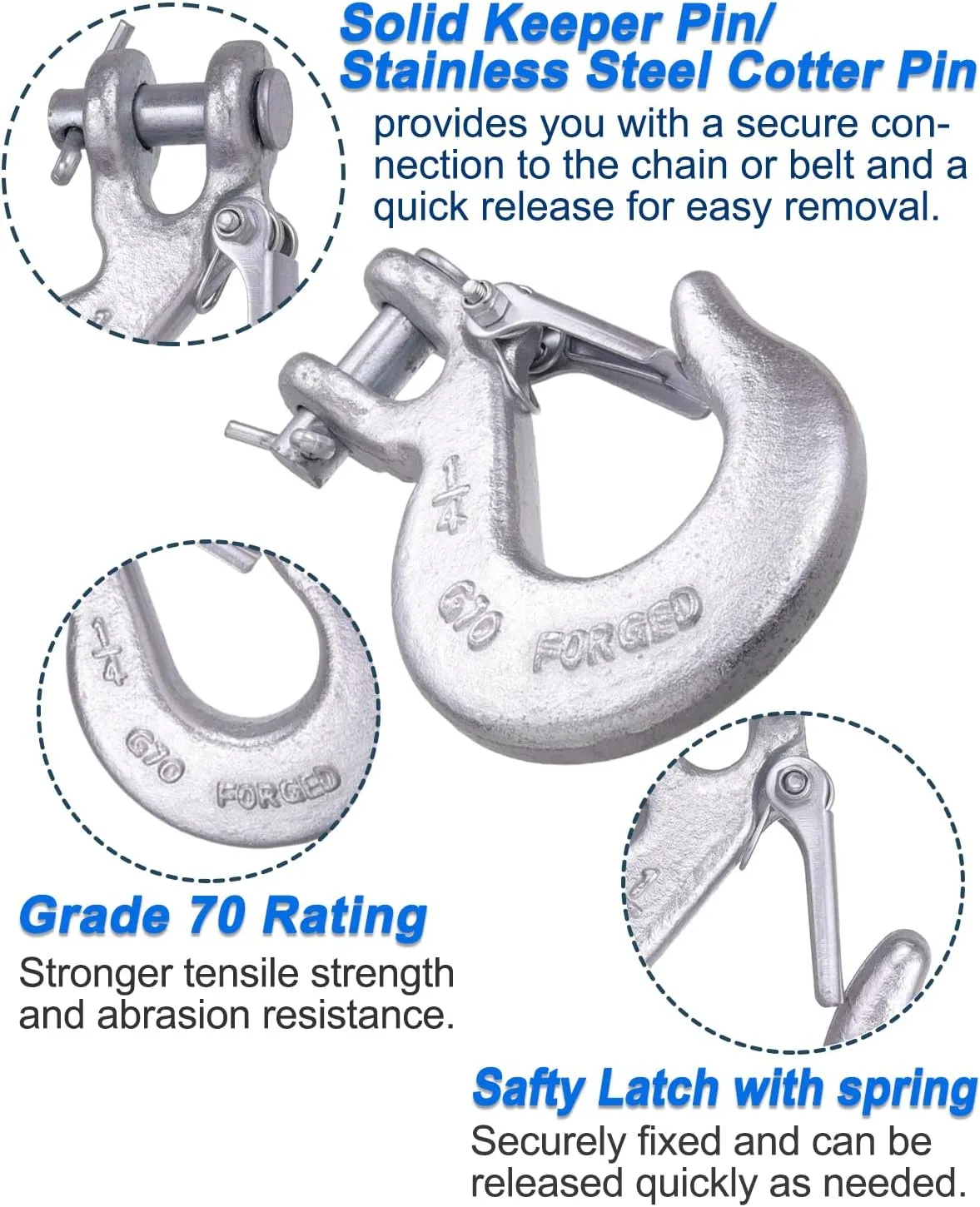 1/4 Inch Safety Chain Hooks, Clevis Slip Hook with Safety Latch, Grade 70 Forged Steel 12,600 Lb for Trailer Truck Transport Tow Winch Hook Trailer (1/4 Inch,4 Pack)