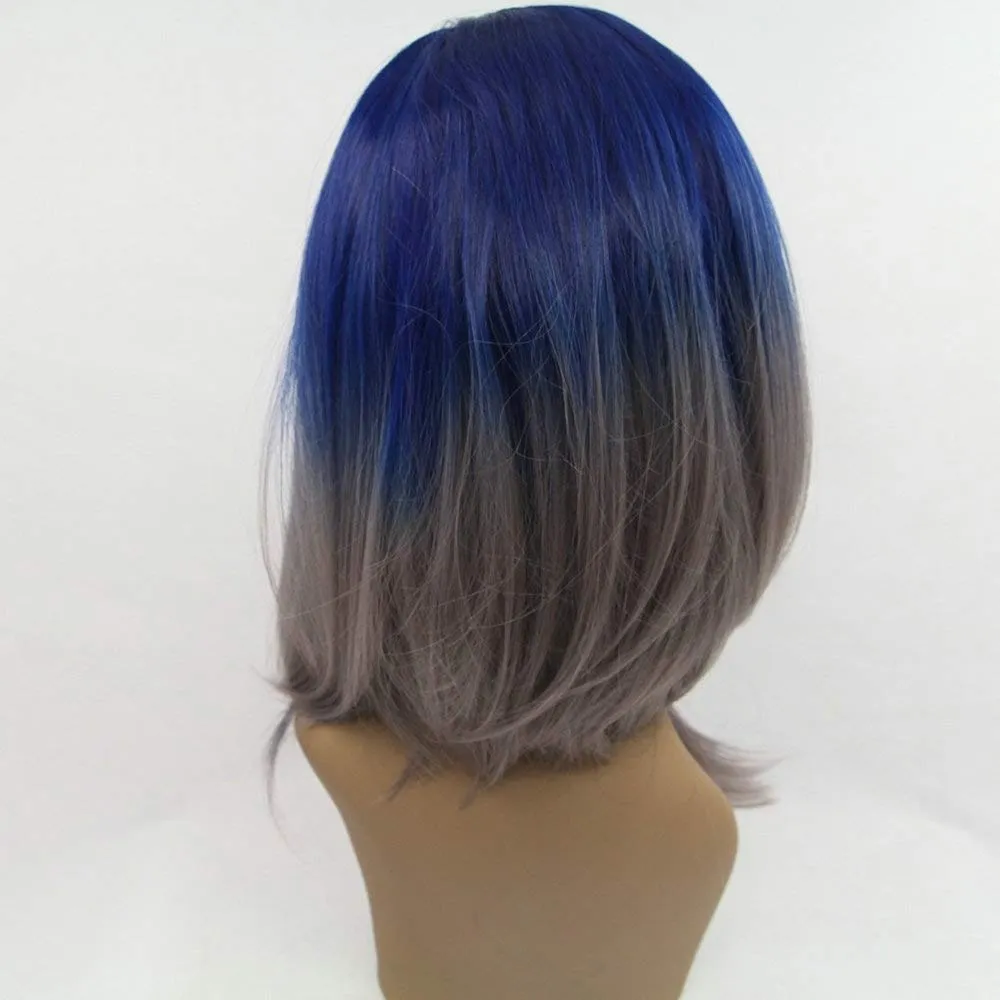 14Inches Sapphire Blue Ombre Grey Synthetic Lace Front Wigs for Women Shoulder Length Ladies Drag Queen Short Bob Wigs Summer Haircut for Daily Use Party Holiday Wedding
