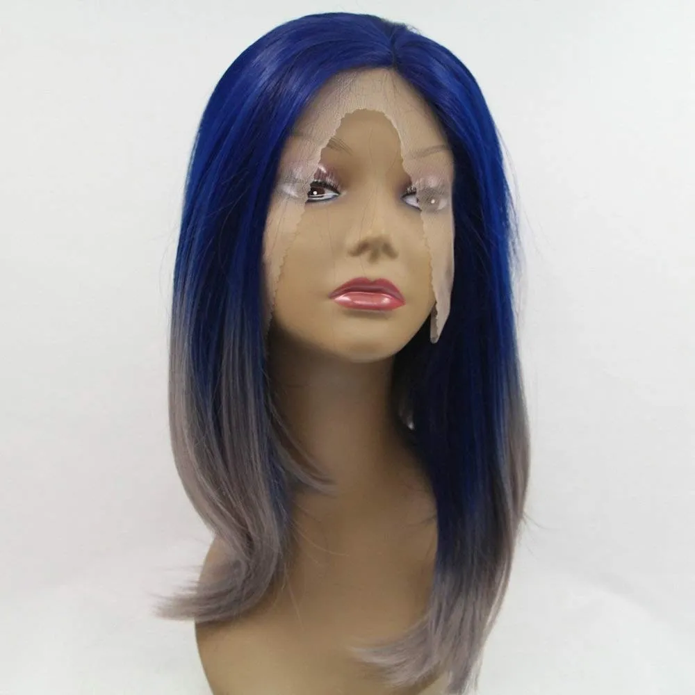 14Inches Sapphire Blue Ombre Grey Synthetic Lace Front Wigs for Women Shoulder Length Ladies Drag Queen Short Bob Wigs Summer Haircut for Daily Use Party Holiday Wedding