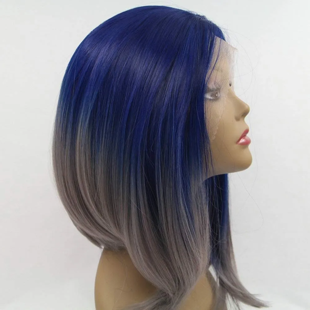 14Inches Sapphire Blue Ombre Grey Synthetic Lace Front Wigs for Women Shoulder Length Ladies Drag Queen Short Bob Wigs Summer Haircut for Daily Use Party Holiday Wedding
