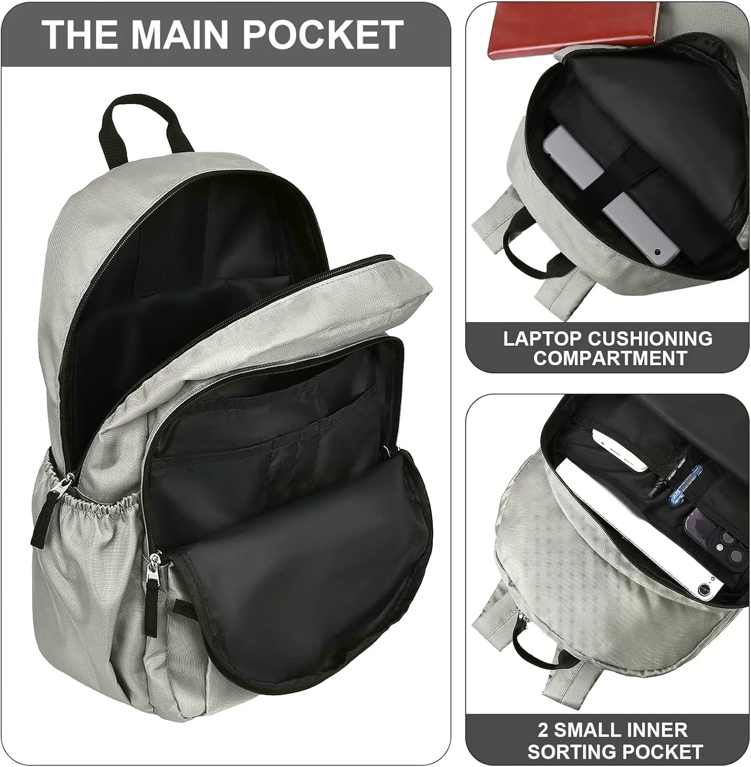 15.6 inch Basic Backpack for Men, Travel Backpack Carry on, Laptop Backpack for Women, Water Resistant School Backpacks Bookbag (Grey)
