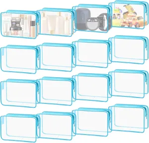16 Pieces Clear Cosmetic Bags, PVC Clear Pouch with Zipper TSA Approved Toiletry Bag for Travelling, Waterproof Transparent Travel Makeup Cosmetic Organizer Case for Men and Women (Blue-M)