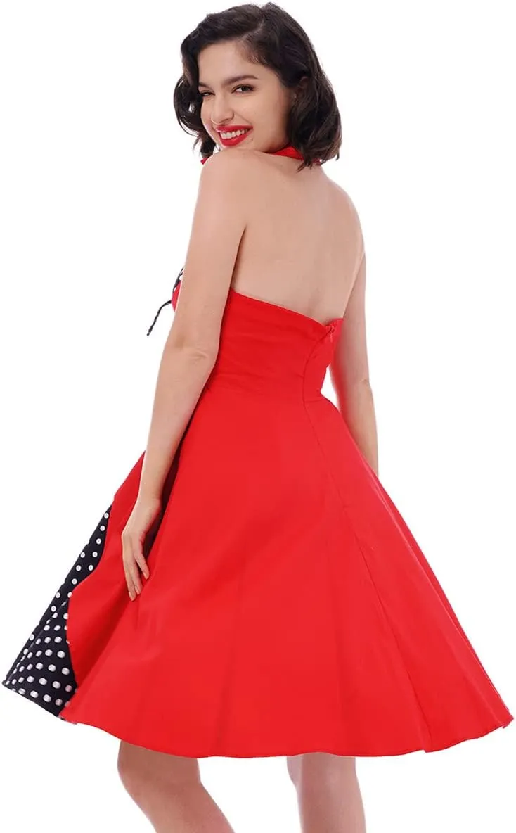 1950s Dresses for Women Vintage Halter Polka Dot Floral Print Swing A Line Midi Dress Cocktail Party Prom Gown