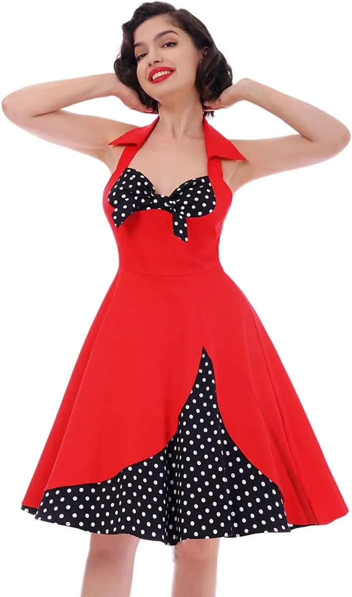 1950s Dresses for Women Vintage Halter Polka Dot Floral Print Swing A Line Midi Dress Cocktail Party Prom Gown