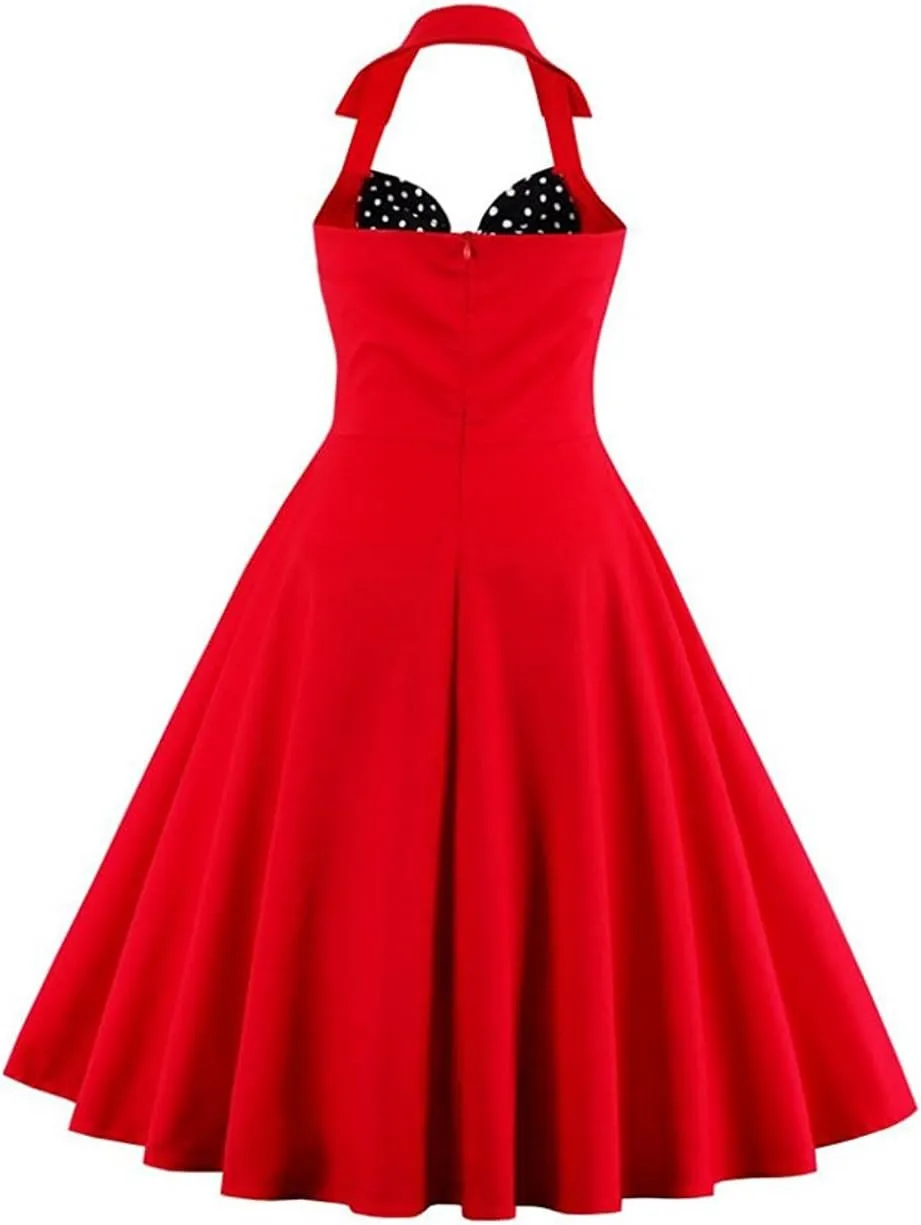 1950s Dresses for Women Vintage Halter Polka Dot Floral Print Swing A Line Midi Dress Cocktail Party Prom Gown