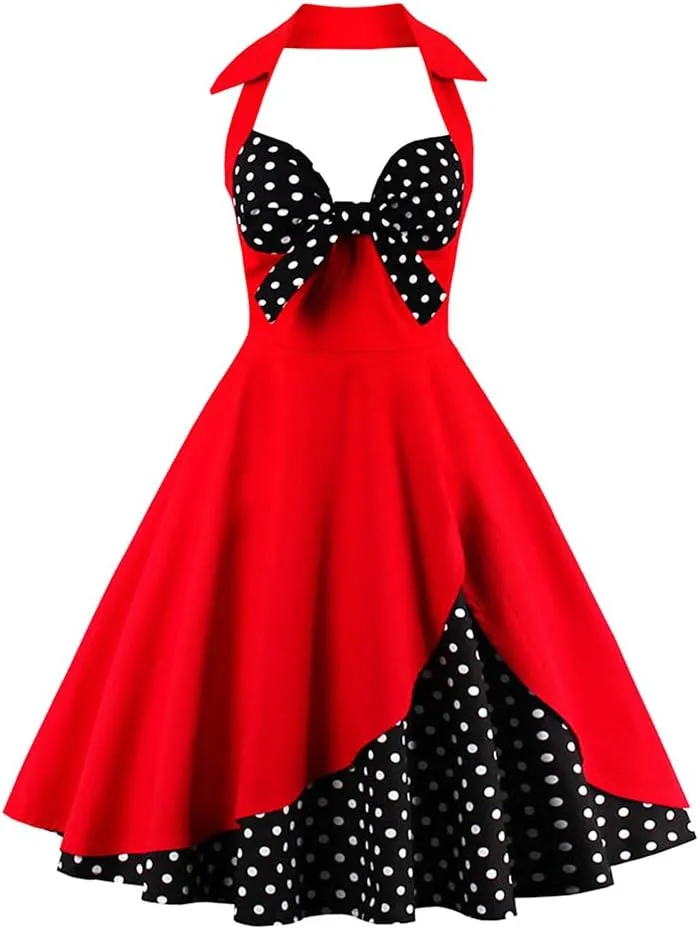 1950s Dresses for Women Vintage Halter Polka Dot Floral Print Swing A Line Midi Dress Cocktail Party Prom Gown