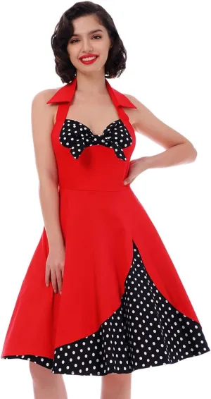 1950s Dresses for Women Vintage Halter Polka Dot Floral Print Swing A Line Midi Dress Cocktail Party Prom Gown