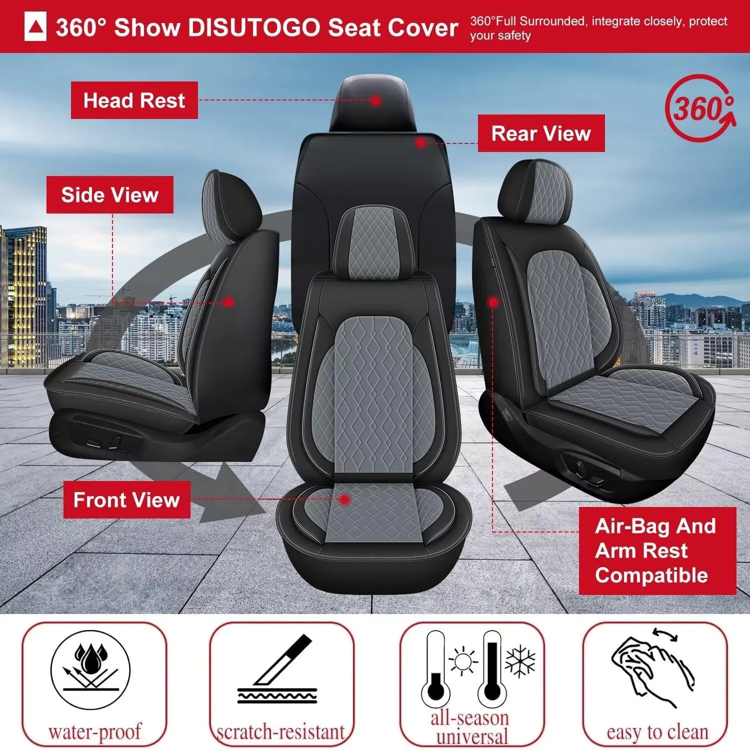 2 Front Car Seat Cover Fit for Hyundai Venue 2020-2023 2024, Leather Seat Covers Waterproof Non-Slip Auto Seat Cushion Protector Compatible Airbag (2 Seats,Black&Dark Grey)