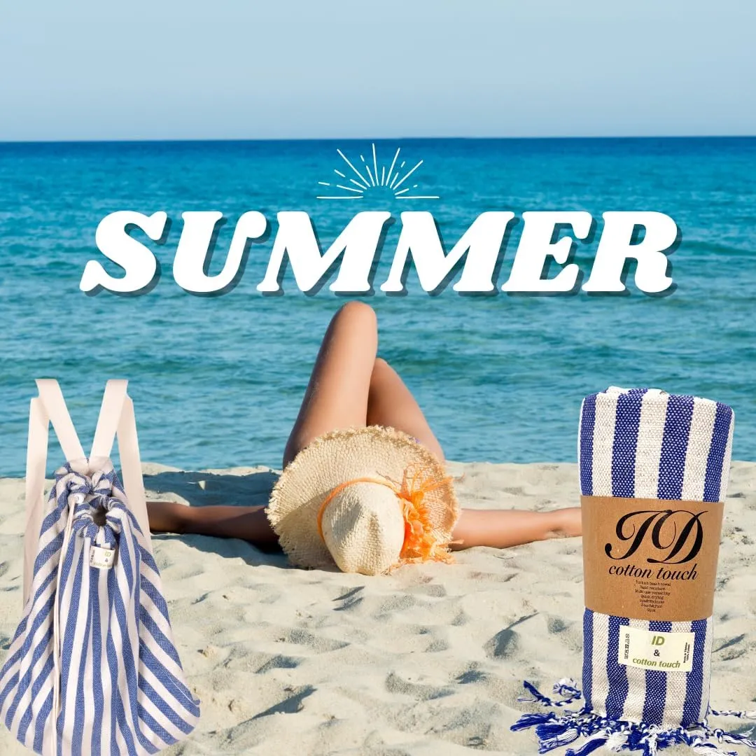 2-in-1 Beach Towel & Backpack 100% Cotton Turkish Beach Towels, Bathroom Towels Adult Travel Essentials Cruise Accessories Vacation Yoga Mat High Absorbent Sand Free Quick Dry (Blue-Stripe Bag)