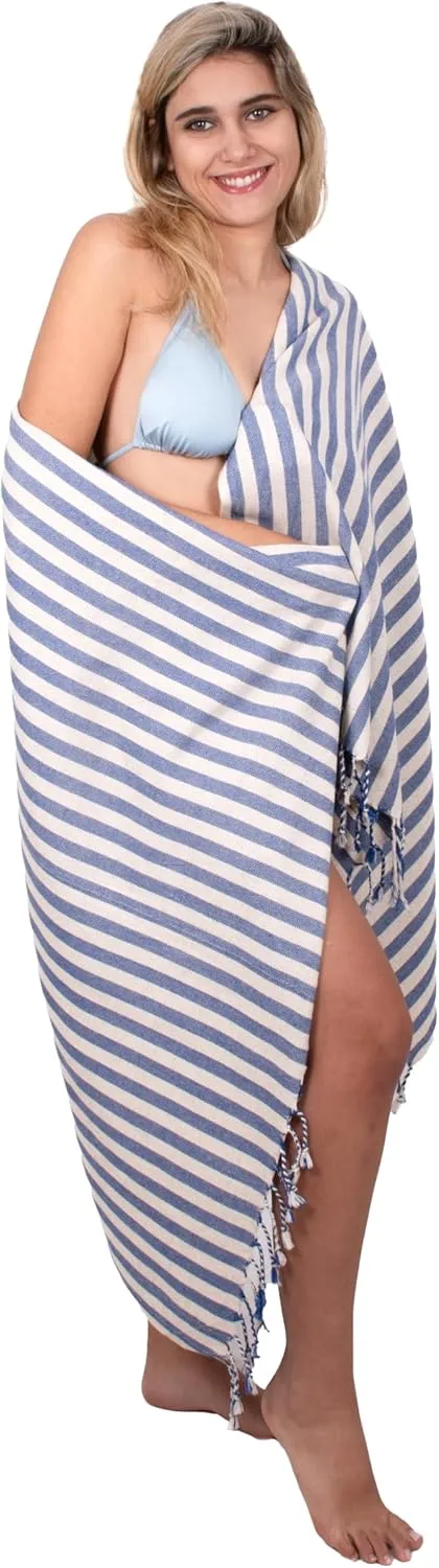 2-in-1 Beach Towel & Backpack 100% Cotton Turkish Beach Towels, Bathroom Towels Adult Travel Essentials Cruise Accessories Vacation Yoga Mat High Absorbent Sand Free Quick Dry (Blue-Stripe Bag)