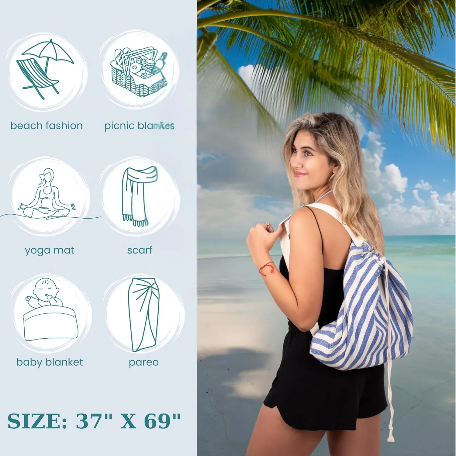 2-in-1 Beach Towel & Backpack 100% Cotton Turkish Beach Towels, Bathroom Towels Adult Travel Essentials Cruise Accessories Vacation Yoga Mat High Absorbent Sand Free Quick Dry (Blue-Stripe Bag)