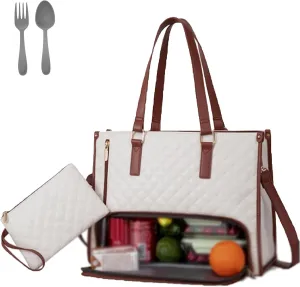 2 in 1 Tote Bag Lunch Bag Combo–7 Colors 15.6 Inch Tote Bag with Lunch Compartment, Office & Travel Handbag for Women