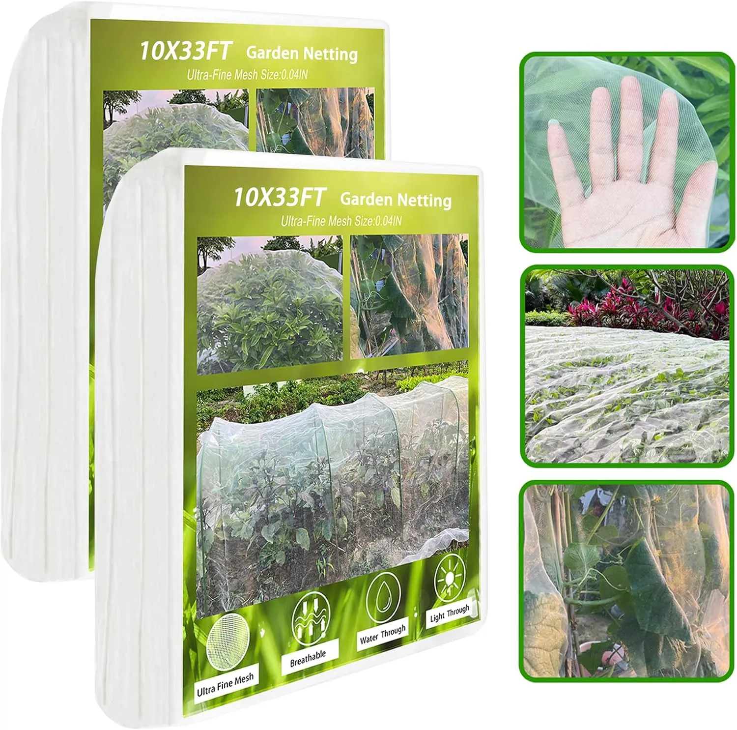 2 Pack 10X33FT Garden Netting for Raised Beds, Ultra Fine Insect Netting for Vegetable Flowers Fruits Greenhouse Crops, Garden Mesh Plant Cover Row Cover Barrier Protection Net for Birds