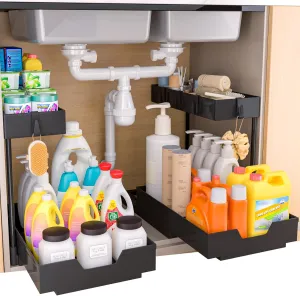 2 Pack 2-Tier Under Sink Organizer L-Shape Pull Out Cabinet Organizers Narrow Space Storage Shelves Multi-purpose Sink Organization Drawer for Bathroom Kitchen Pantry, 15.5 Inch, Black