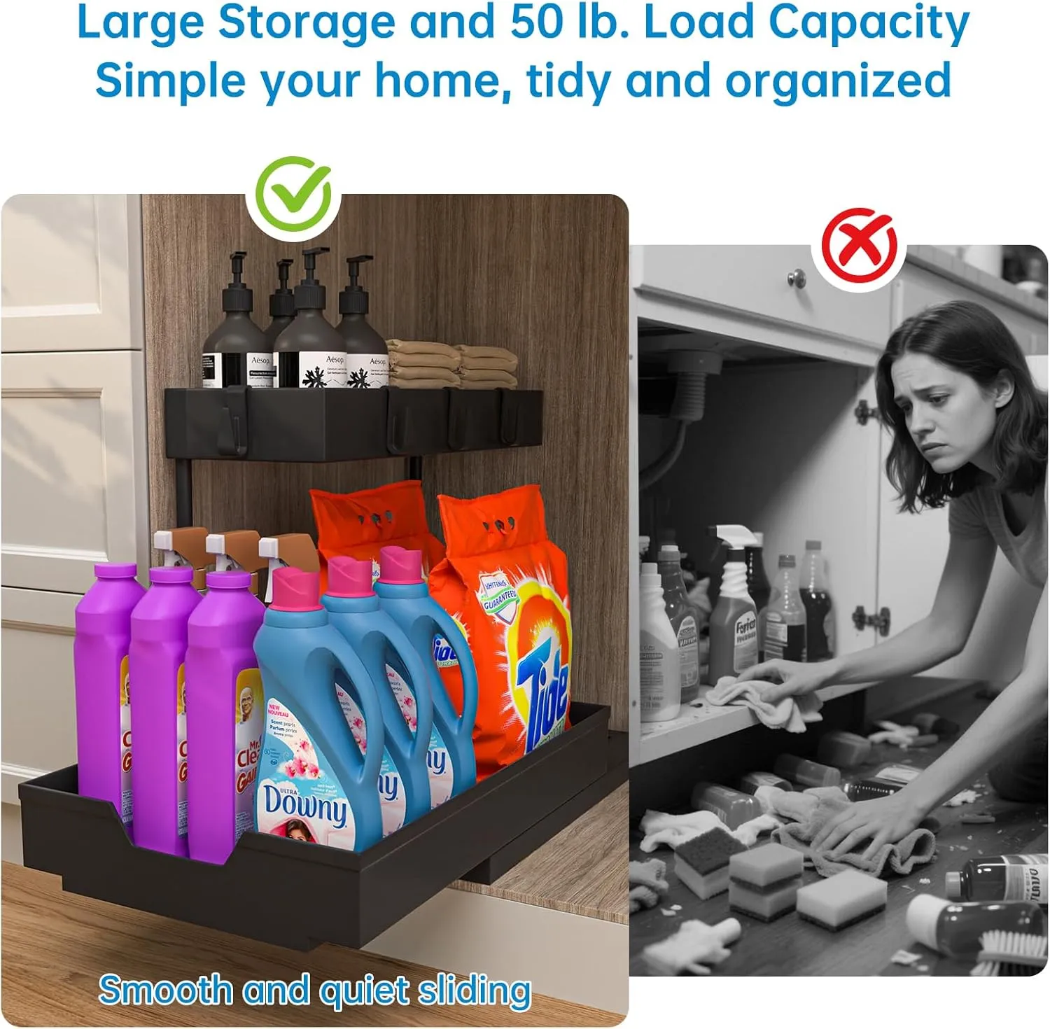2 Pack 2-Tier Under Sink Organizer L-Shape Pull Out Cabinet Organizers Narrow Space Storage Shelves Multi-purpose Sink Organization Drawer for Bathroom Kitchen Pantry, 15.5 Inch, Black