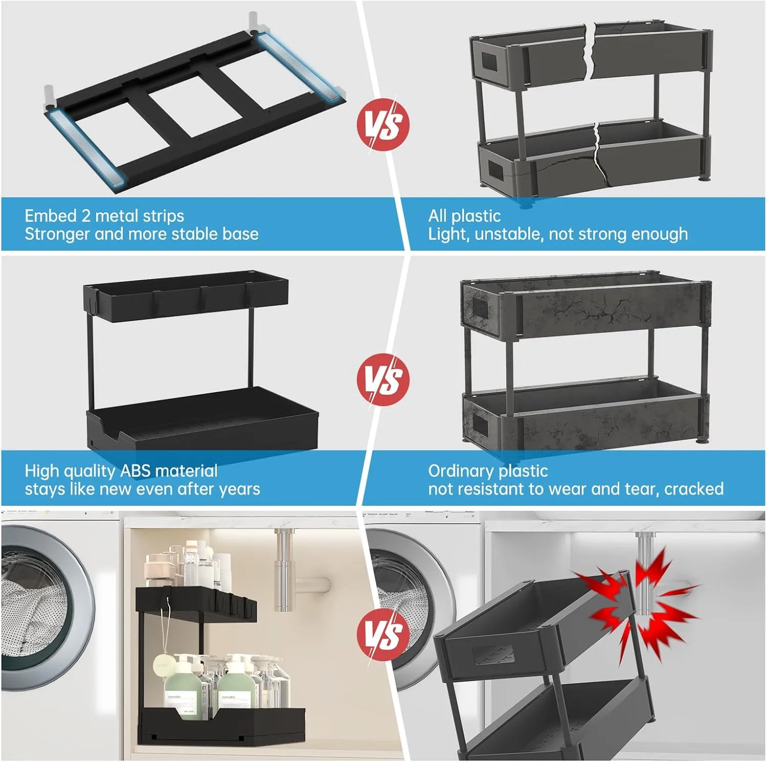 2 Pack 2-Tier Under Sink Organizer L-Shape Pull Out Cabinet Organizers Narrow Space Storage Shelves Multi-purpose Sink Organization Drawer for Bathroom Kitchen Pantry, 15.5 Inch, Black