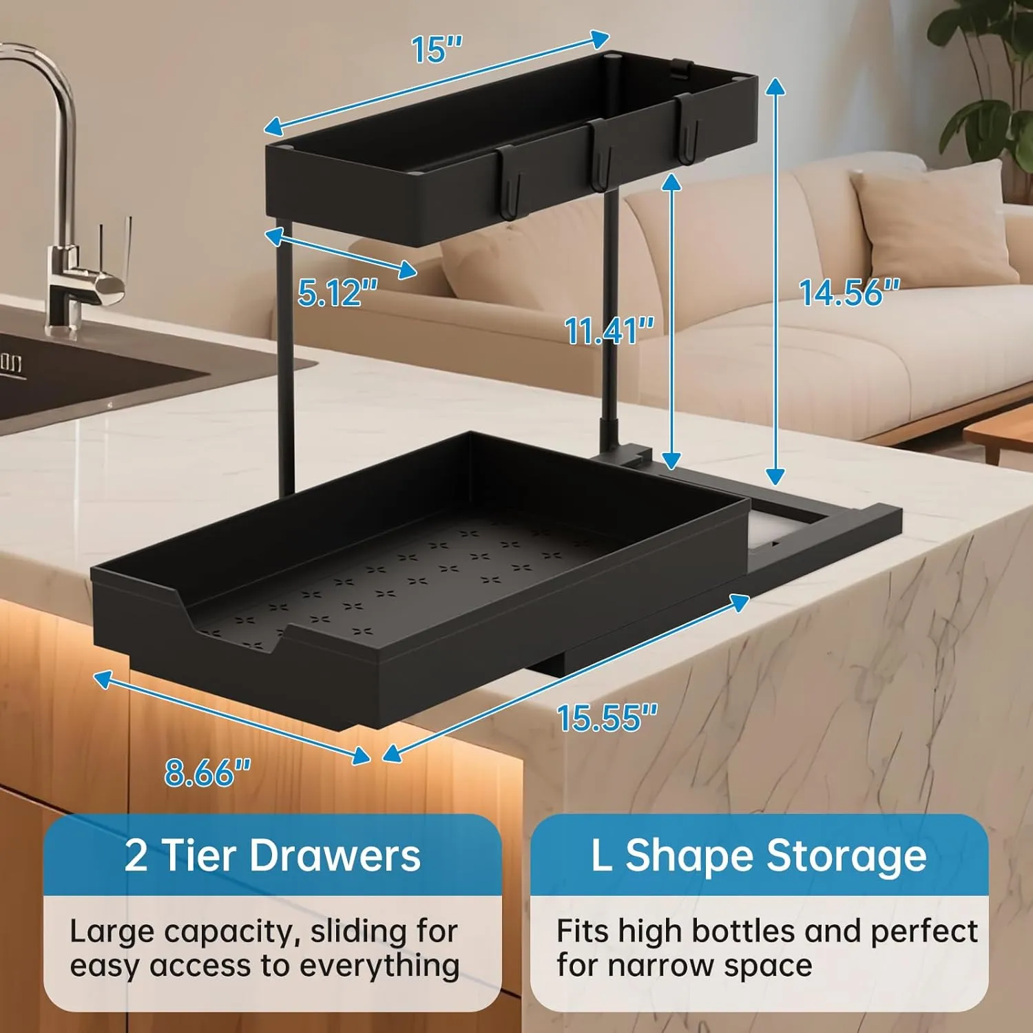 2 Pack 2-Tier Under Sink Organizer L-Shape Pull Out Cabinet Organizers Narrow Space Storage Shelves Multi-purpose Sink Organization Drawer for Bathroom Kitchen Pantry, 15.5 Inch, Black