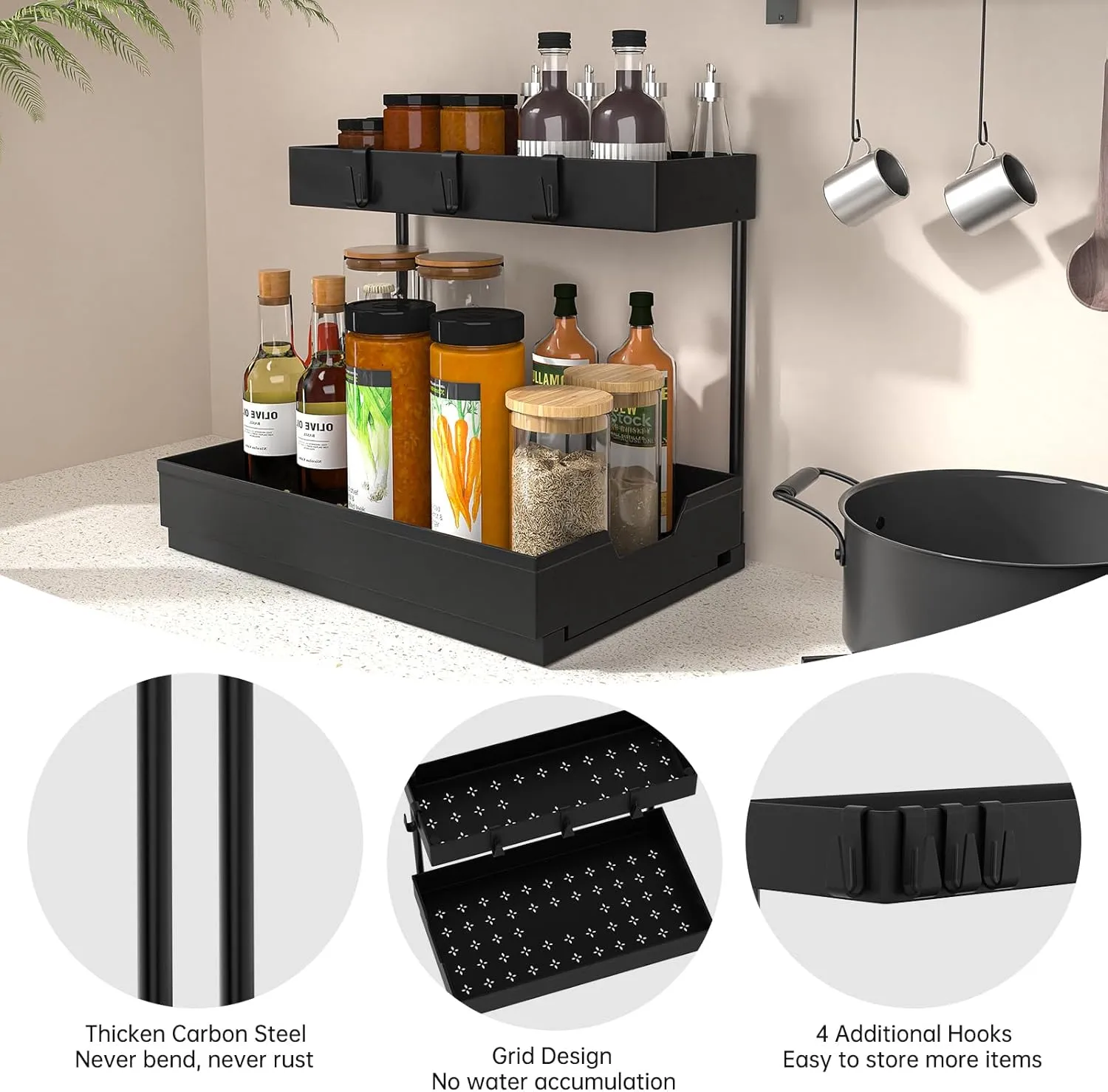 2 Pack 2-Tier Under Sink Organizer L-Shape Pull Out Cabinet Organizers Narrow Space Storage Shelves Multi-purpose Sink Organization Drawer for Bathroom Kitchen Pantry, 15.5 Inch, Black