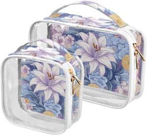 2 Pack clear Purple Vintage Flower Pattern toiletry travel bag TSA approved multifunctional clear makeup bag Airport Airline Compliant