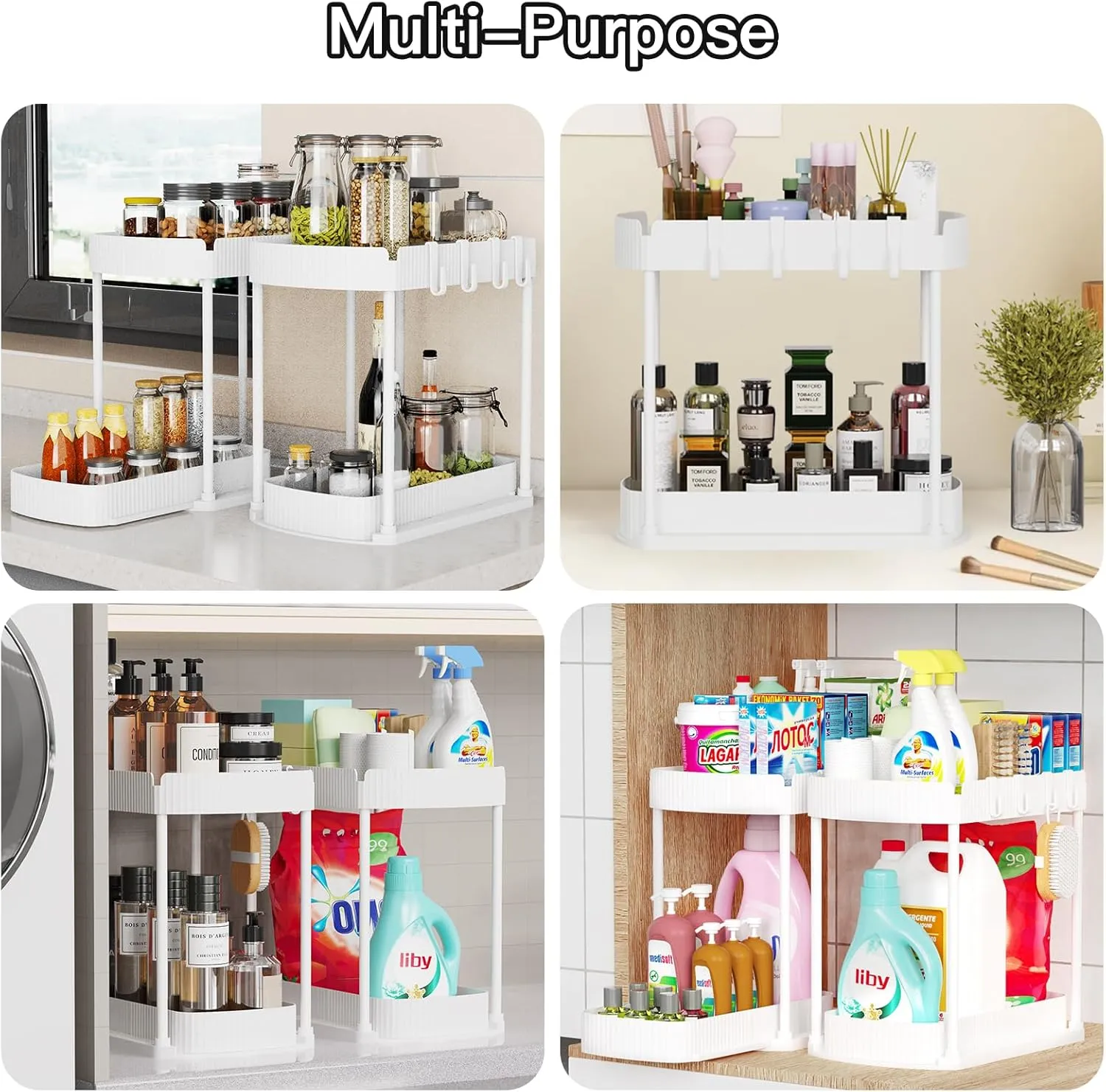 2 Pack Multi-Purpose Pull-Out Storage Organizers, Under Sink Organizers and Storage for Bathroom & Kitchen, Under Cabinet Organizers and storage, 14.8 Inch, White