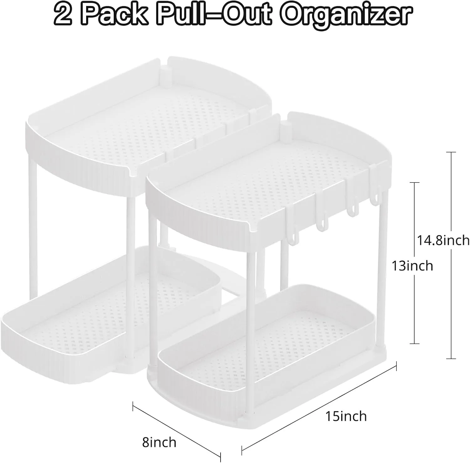 2 Pack Multi-Purpose Pull-Out Storage Organizers, Under Sink Organizers and Storage for Bathroom & Kitchen, Under Cabinet Organizers and storage, 14.8 Inch, White