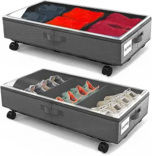 2 Pack Under Bed Storage Rolling Metal Frame Underbed Containers with Wheels Lid Visiable Window Storage Bag Box Organizer Home Closet Organization Drawer Bins for Clothes Shoes Toys Blanketss Grey