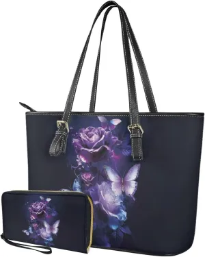 2 Piece Shoulder Bag for Women Travel, Matching Leather Wristlet Wallet, Tote Bag with Adjustable Hand Strap