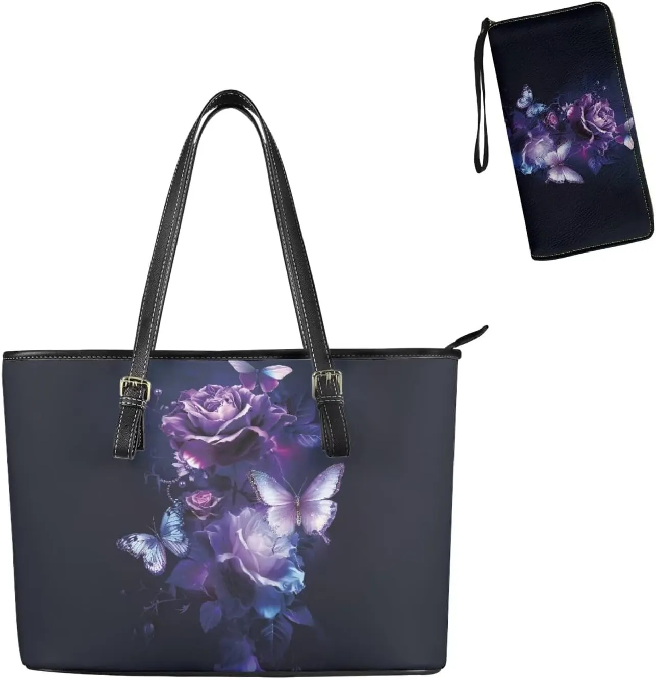 2 Piece Shoulder Bag for Women Travel, Matching Leather Wristlet Wallet, Tote Bag with Adjustable Hand Strap