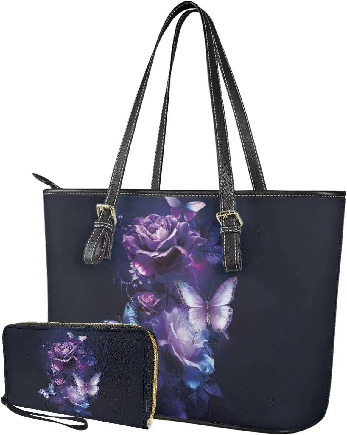 2 Piece Shoulder Bag for Women Travel, Matching Leather Wristlet Wallet, Tote Bag with Adjustable Hand Strap