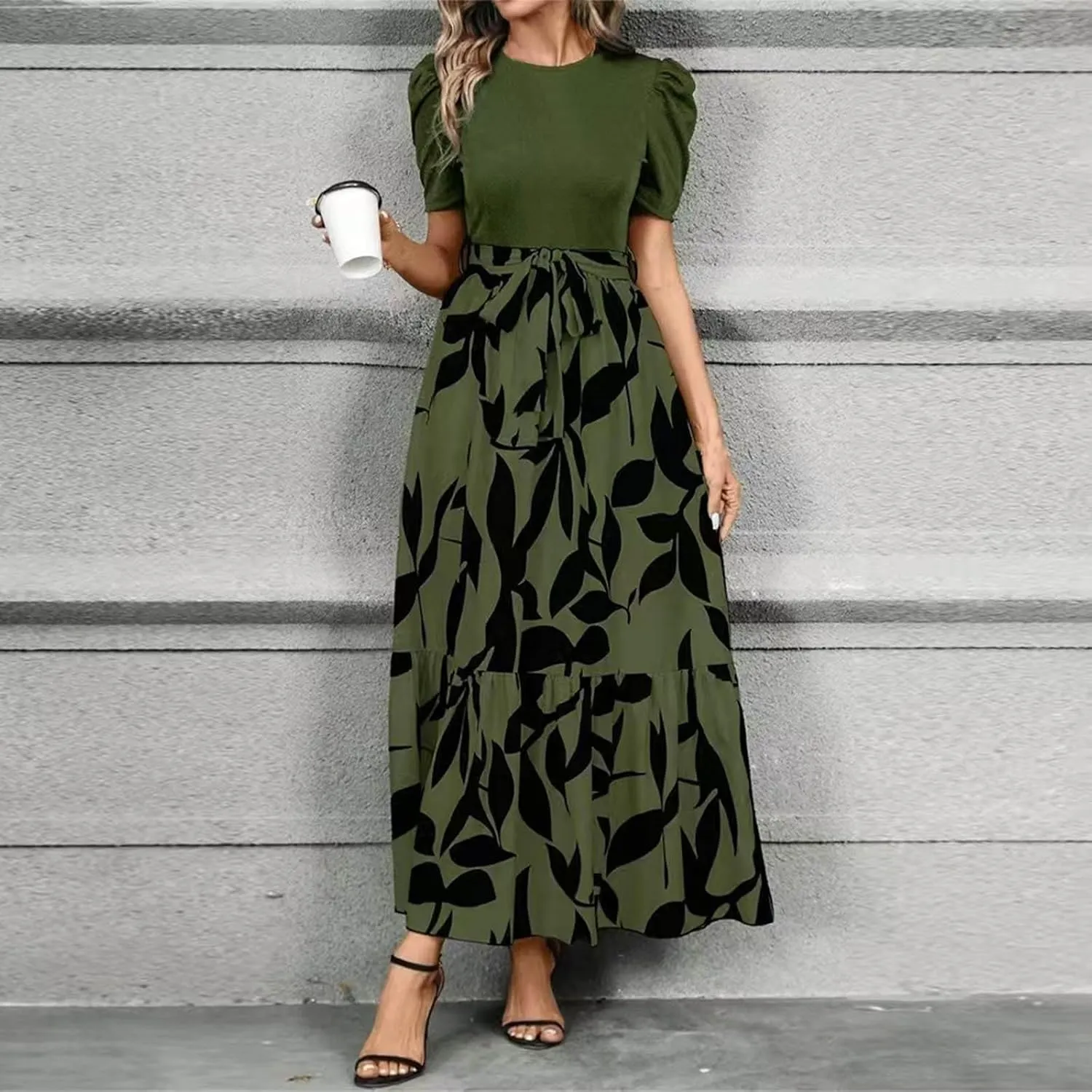 2025 Summer Fashion Elegant Temperament Curved Hem Women's Flower Round Neck Floral Printed High Waist Dresses