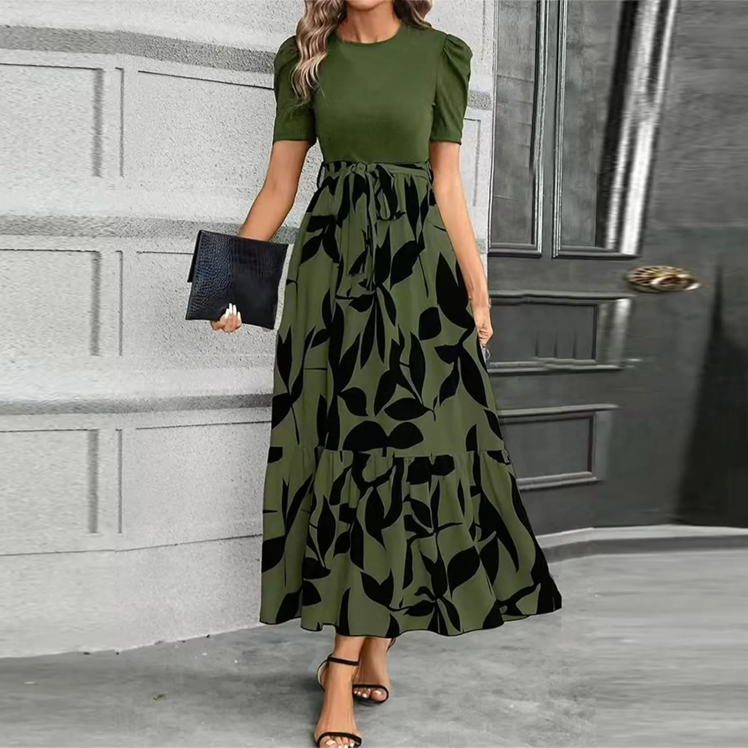 2025 Summer Fashion Elegant Temperament Curved Hem Women's Flower Round Neck Floral Printed High Waist Dresses