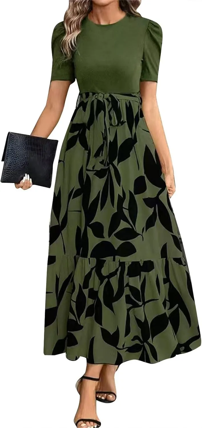 2025 Summer Fashion Elegant Temperament Curved Hem Women's Flower Round Neck Floral Printed High Waist Dresses