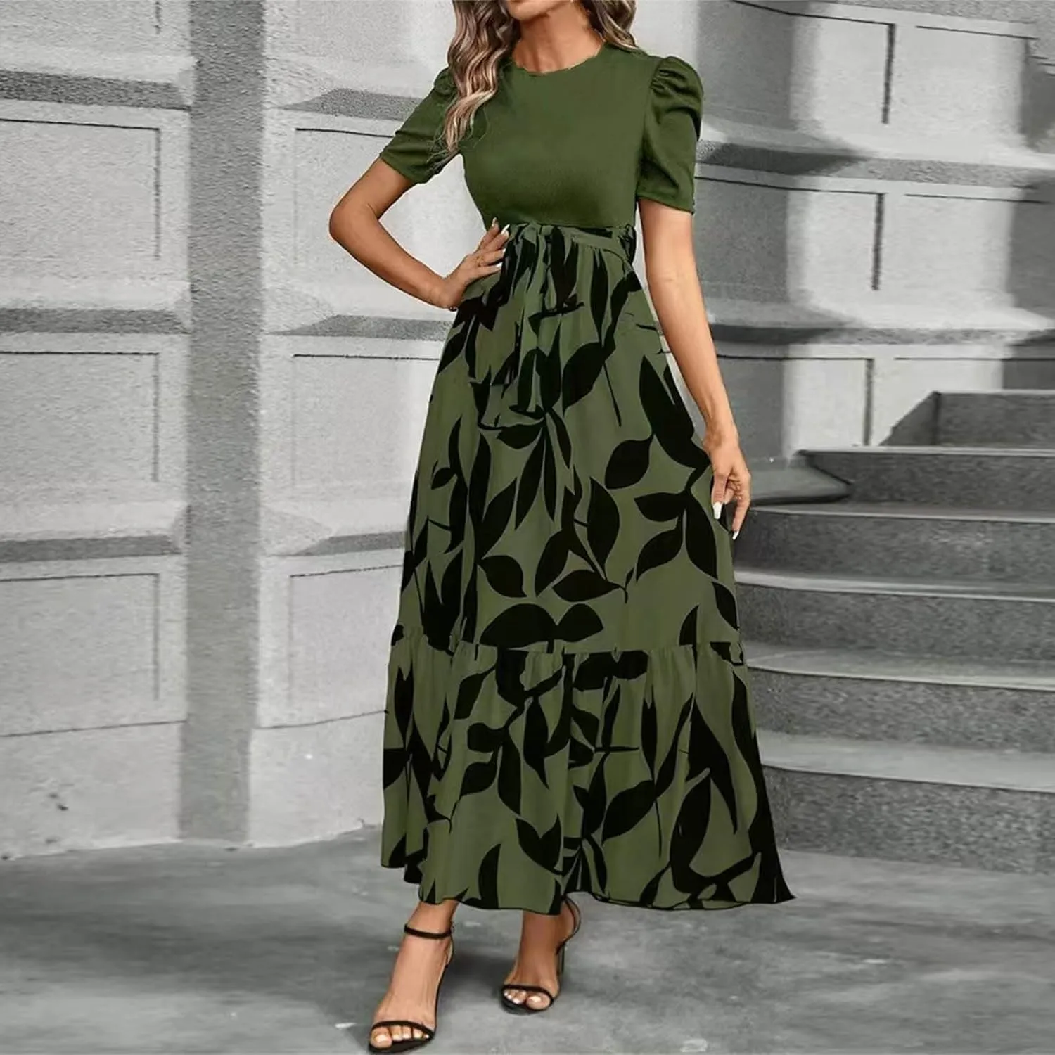 2025 Summer Fashion Elegant Temperament Curved Hem Women's Flower Round Neck Floral Printed High Waist Dresses