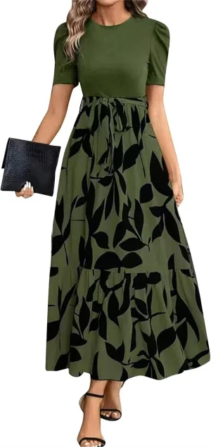 2025 Summer Fashion Elegant Temperament Curved Hem Women's Flower Round Neck Floral Printed High Waist Dresses