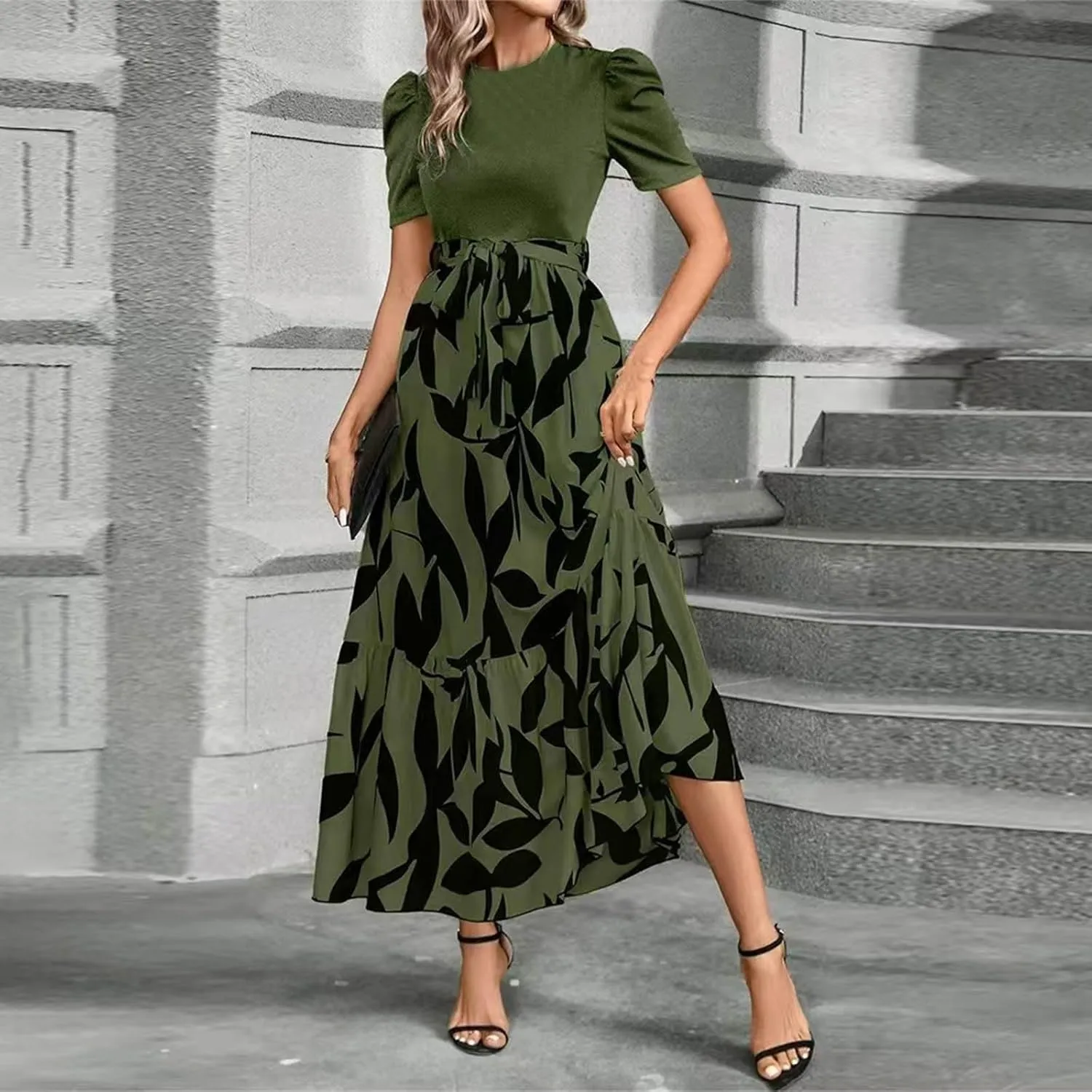 2025 Summer Fashion Elegant Temperament Curved Hem Women's Flower Round Neck Floral Printed High Waist Dresses