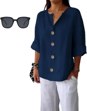 2025 Summer Women's CottonLinen Roll-Up Sleeve Shirts Loose V Neck 3/4 Sleeve Tops, Women's Solid Button-Down