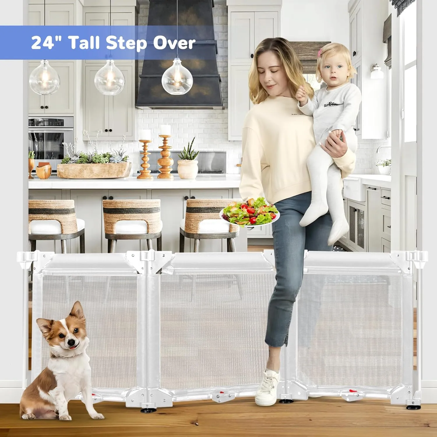 24" Tall Step Over Freestanding Pet Gate with Strong Suction Cup 3 Panel 60" Wide No Drilling Baby Gates for Dogs Indoor 6 Ft Baby Safety Child Gates for Doorways Outdoor Mesh Dog Gate for The House