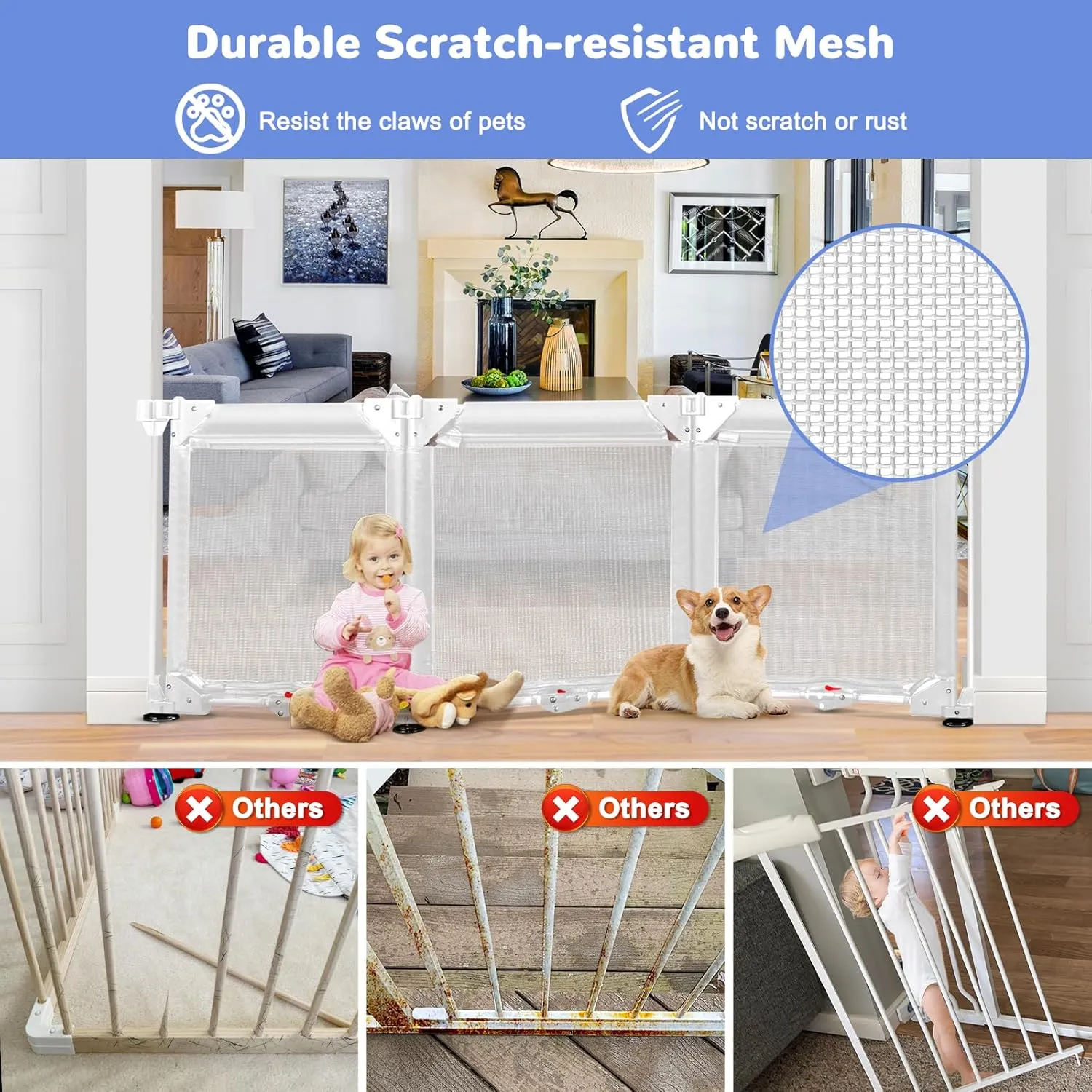 24" Tall Step Over Freestanding Pet Gate with Strong Suction Cup 3 Panel 60" Wide No Drilling Baby Gates for Dogs Indoor 6 Ft Baby Safety Child Gates for Doorways Outdoor Mesh Dog Gate for The House