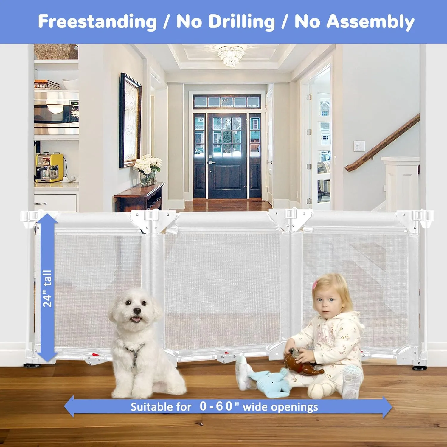 24" Tall Step Over Freestanding Pet Gate with Strong Suction Cup 3 Panel 60" Wide No Drilling Baby Gates for Dogs Indoor 6 Ft Baby Safety Child Gates for Doorways Outdoor Mesh Dog Gate for The House