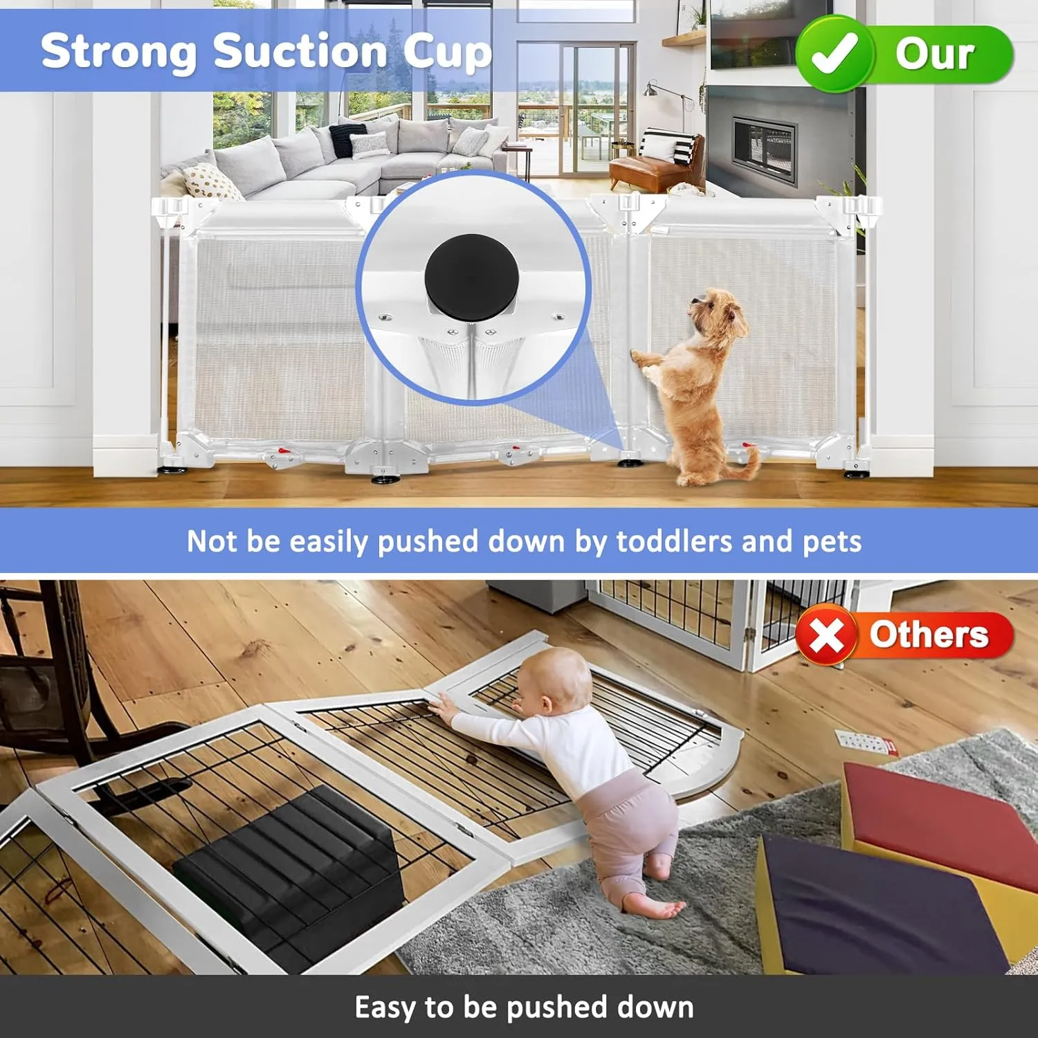 24" Tall Step Over Freestanding Pet Gate with Strong Suction Cup 3 Panel 60" Wide No Drilling Baby Gates for Dogs Indoor 6 Ft Baby Safety Child Gates for Doorways Outdoor Mesh Dog Gate for The House